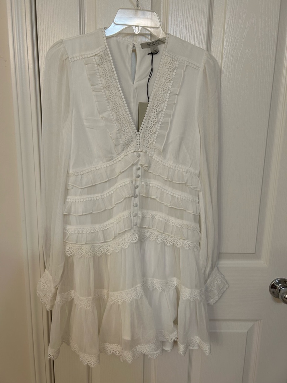 AllSaints Zaphia Long Sleeve Babydoll Minidress in White - Picture 5 of 14